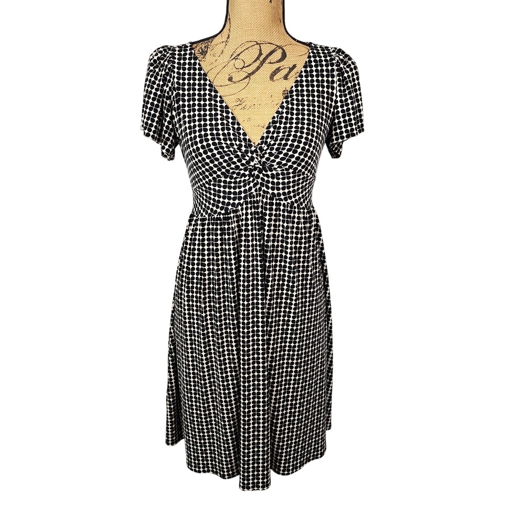 USA Vtg STUDIO M Size XS Black Cream Twist Front Puff Sleeve Fit and Flare Dress